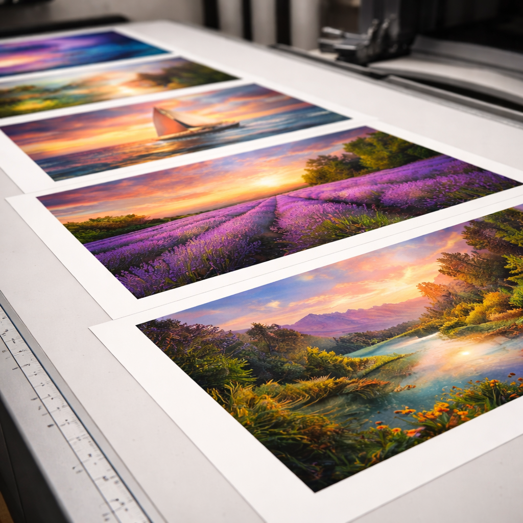 A professional giclee printing press producing a fine art print