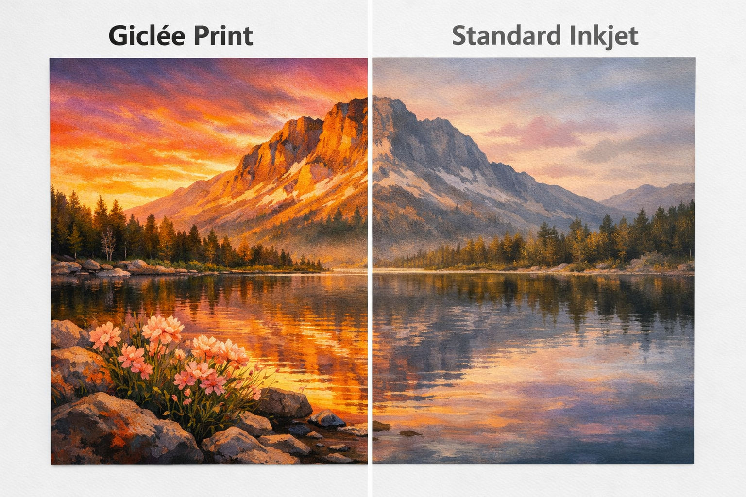 Photo demonstrating the difference between Giclee print and standard inkjet