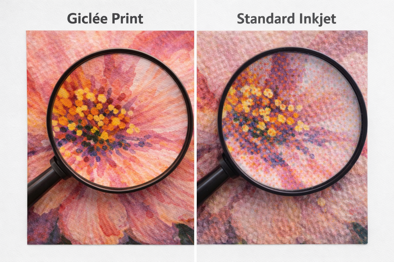 Photo showing Resolution difference between Giclee print and home inkjet printing