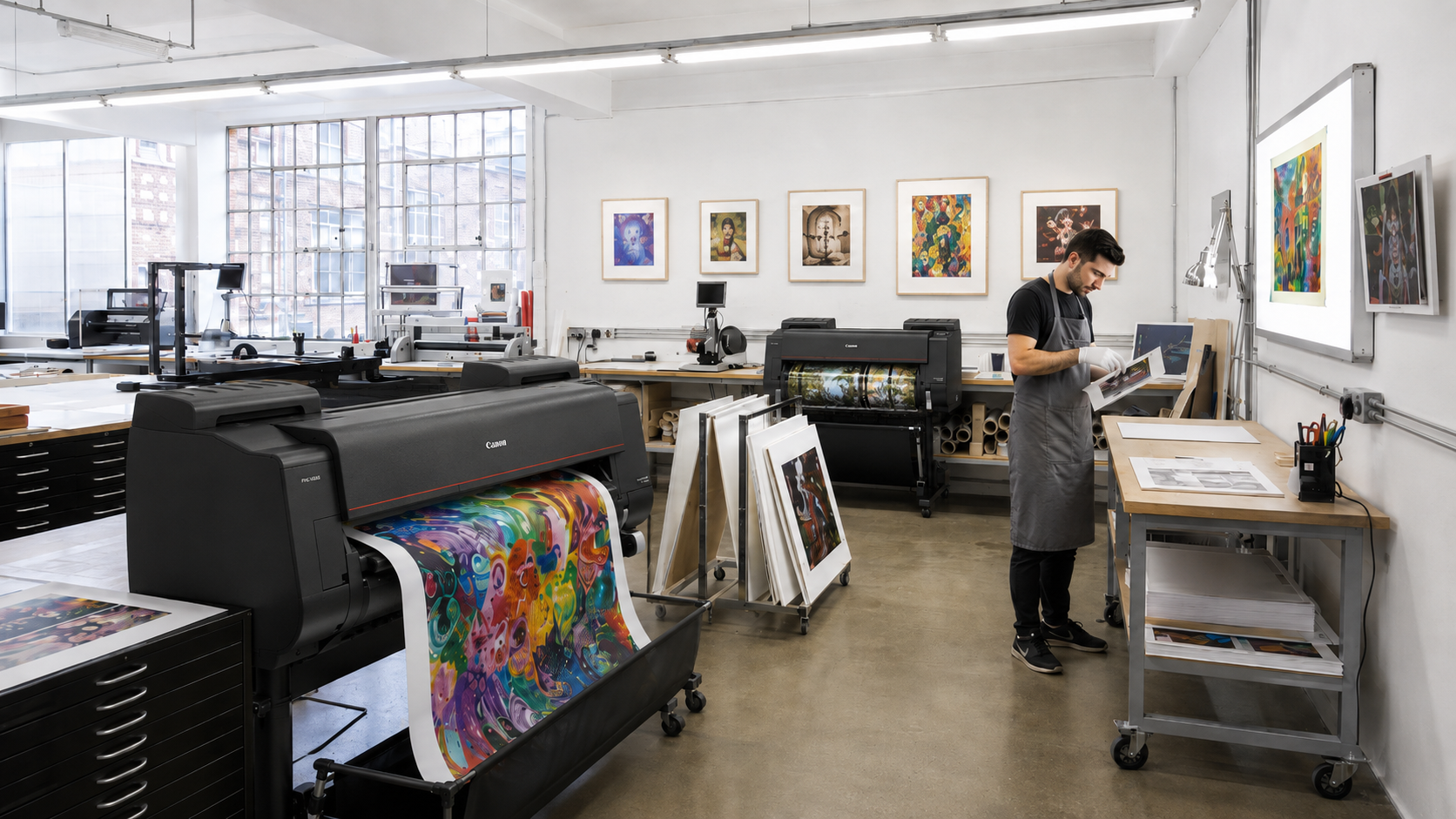 A technician checking a colour print beside a large format printer at our London giclée studio