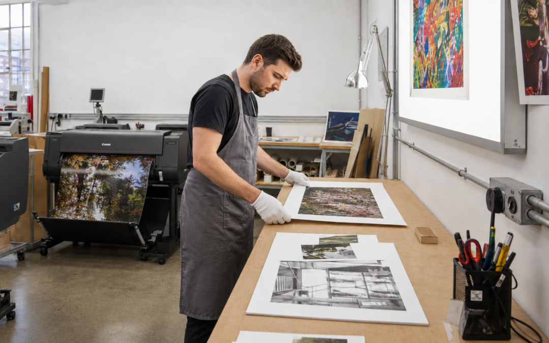 A printmaker in white gloves inspecting fine art giclée prints at the Giclée London studio