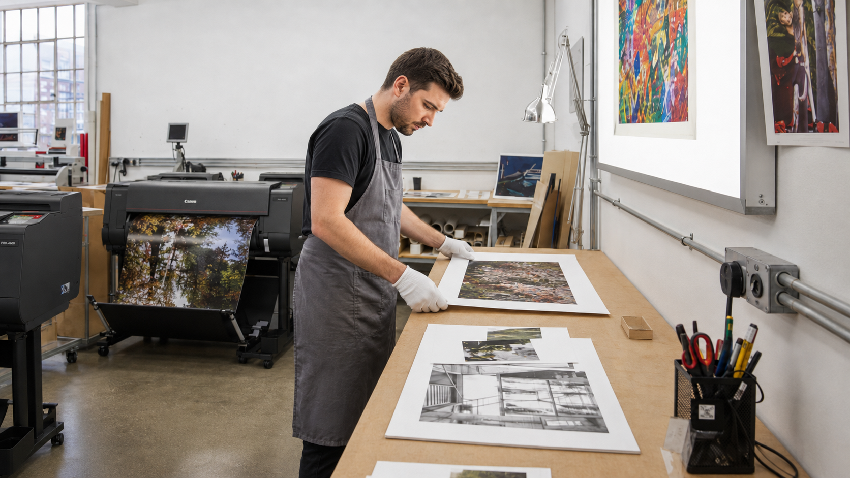 Printmaker inspecting a fine art print