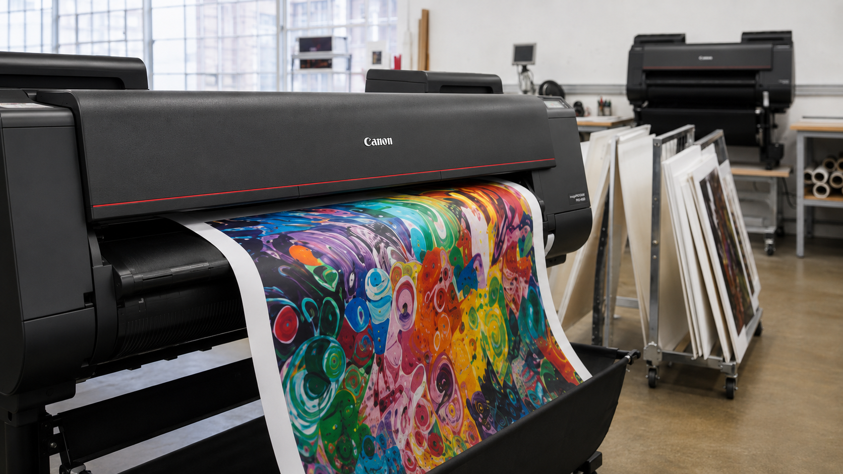 A vivid fine art print coming off the large format printer at Giclée London