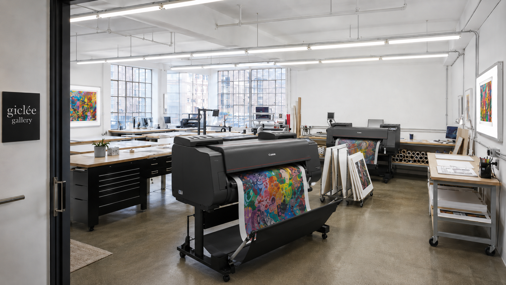 Inside the Giclée London fine art printing studio with the giclée gallery entrance