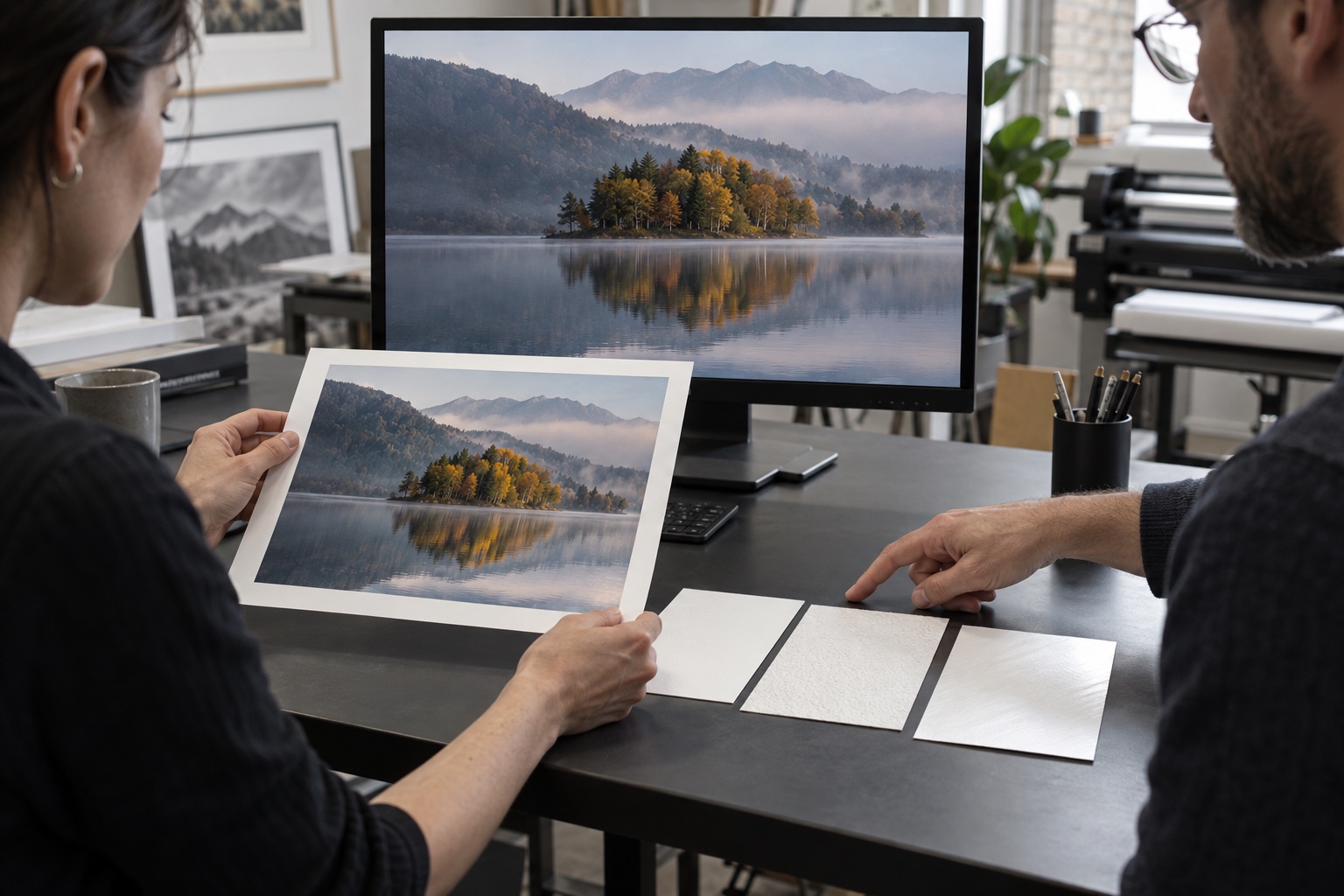 An artist and print technician comparing a colour proof with a calibrated monitor and three fine art paper surfaces
