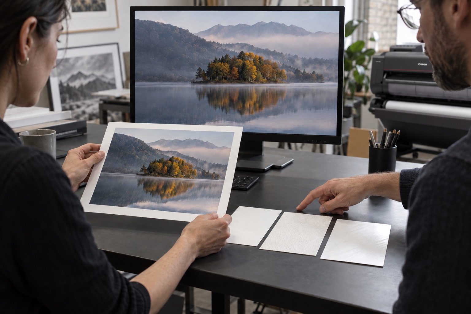 An artist and print technician comparing a colour proof with the original artwork to choose a giclée paper