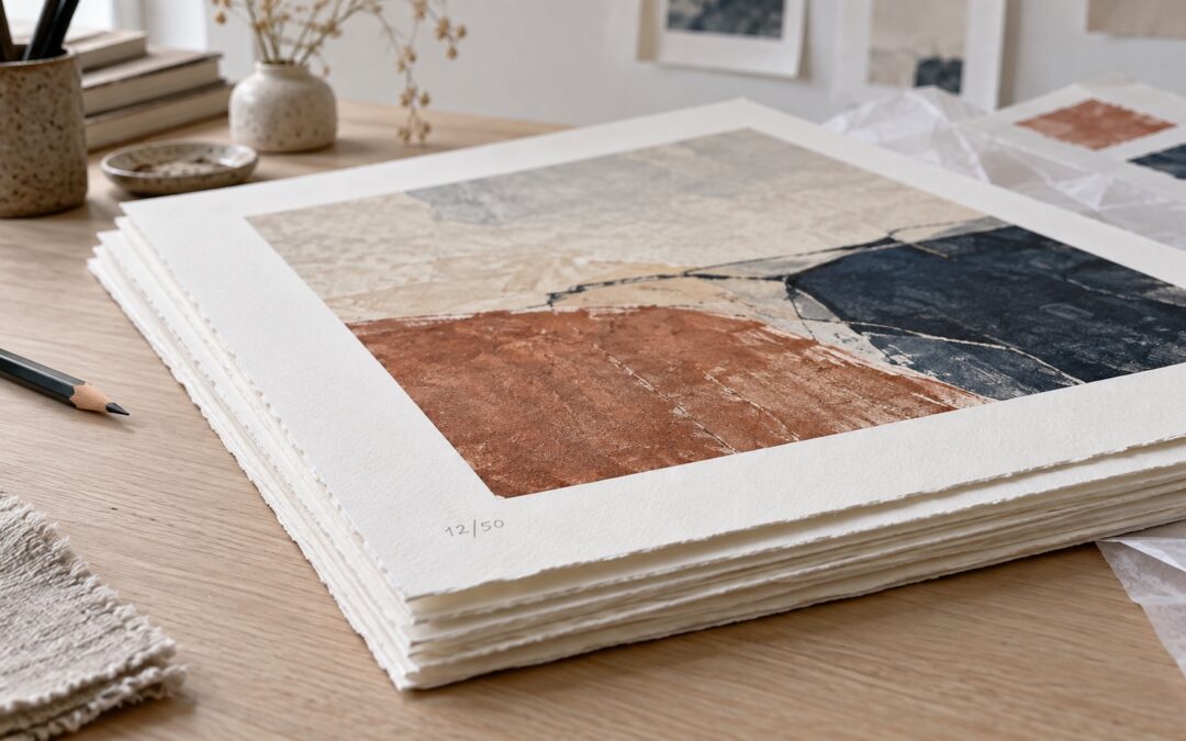 A stack of limited edition fine art giclée prints with a pencil and the edition number 12 of 50