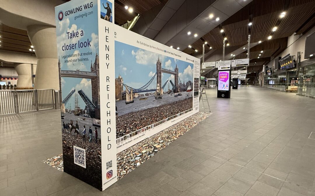 Henry Reichhold's Lost and Found stand in the London Bridge concourse, Tower Bridge montage facing out