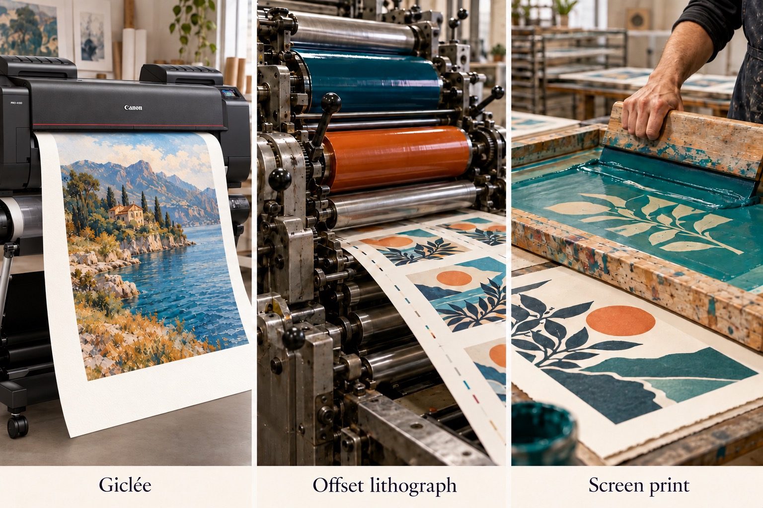 Giclée, offset lithograph and screen printing processes
