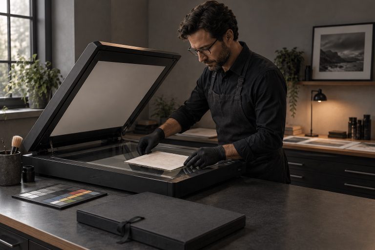 A printmaker aligning artwork on a flatbed scanner in a softly lit studio