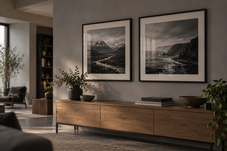 Two landscape photographs in slim black frames and white mounts above an oak console