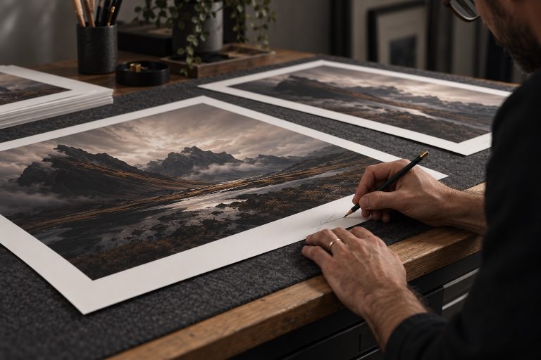 An artist signing the white margin of a landscape fine art print in pencil
