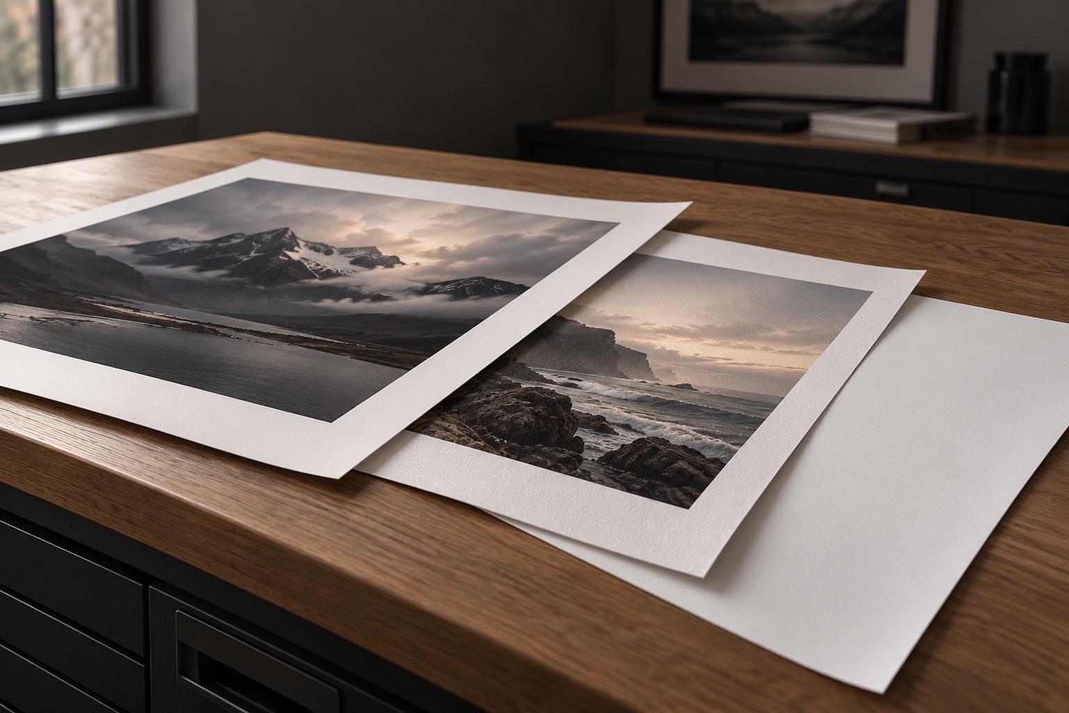Fine art prints on clean-cut smooth and lightly textured papers on an oak studio bench