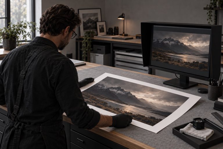 A printmaker comparing a landscape proof with its image on a monitor