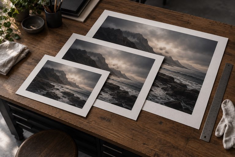 Three landscape prints in different sizes with white margins on an oak workbench