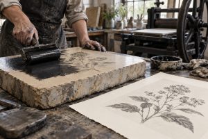 Illustration of a printmaker inking a lithographic limestone with a roller beside a botanical print